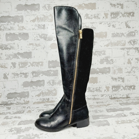 Michael Kors Joanie Black Leather Gold Zip Round Toe Knee High Riding Boots M516 - Picture 1 of 13